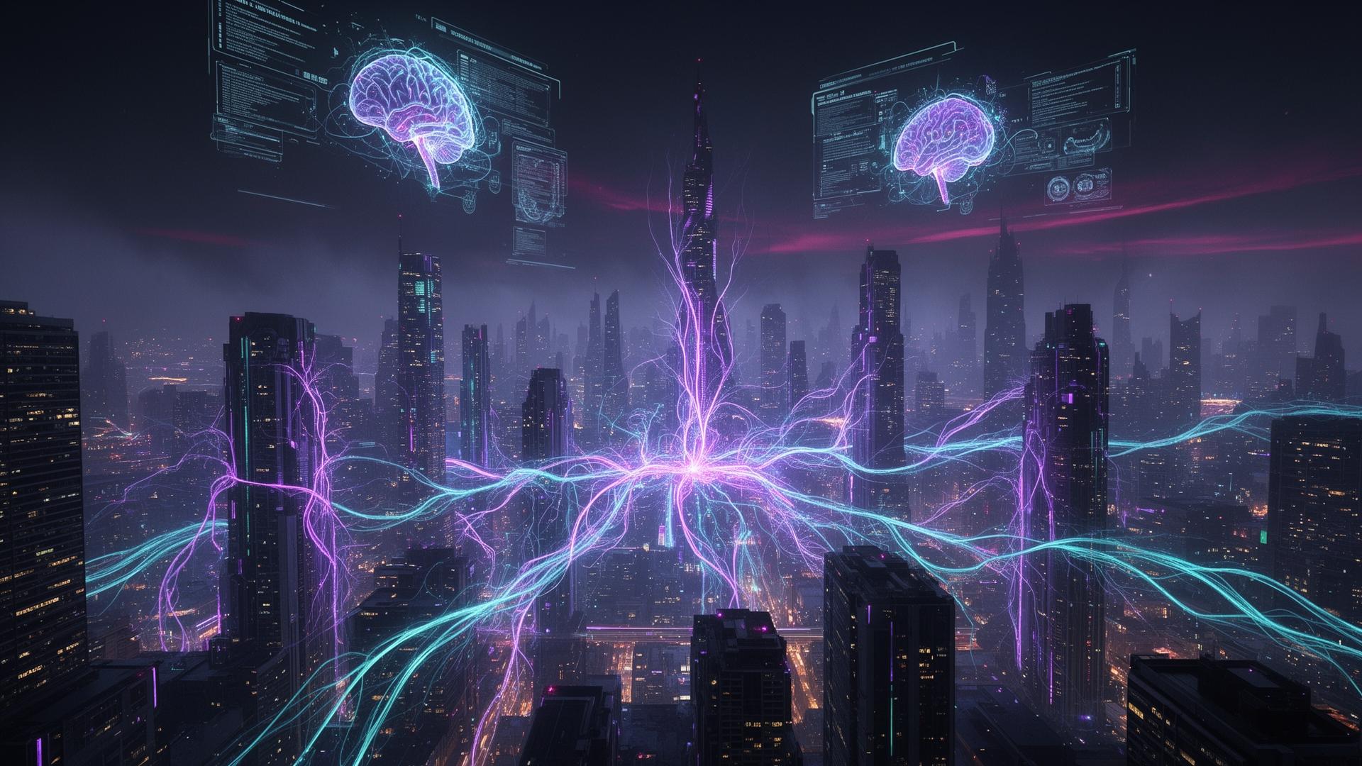 Futuristic city powered by synchronized AI neural infrastructure