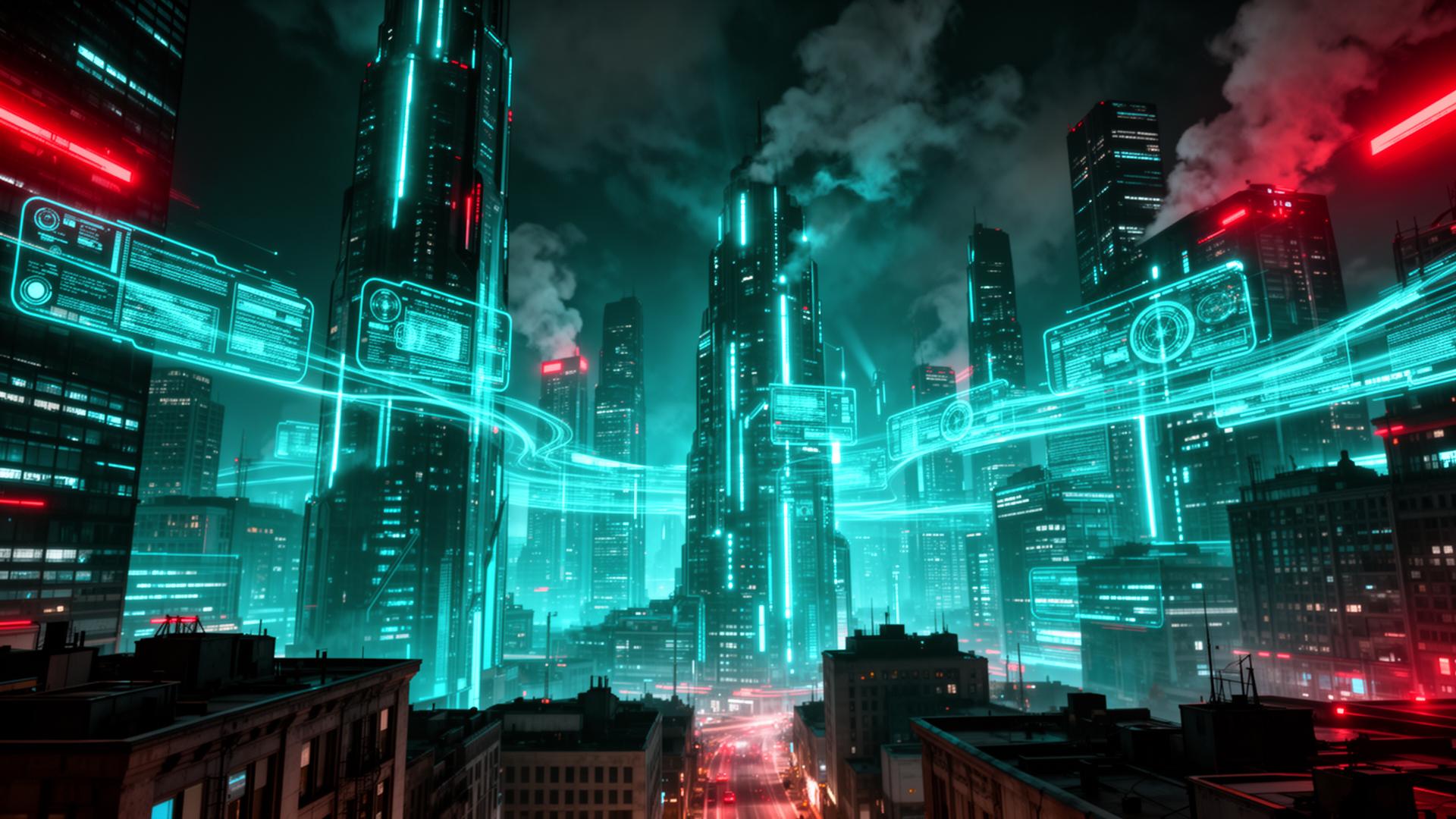 Futuristic city skyline fully powered back on