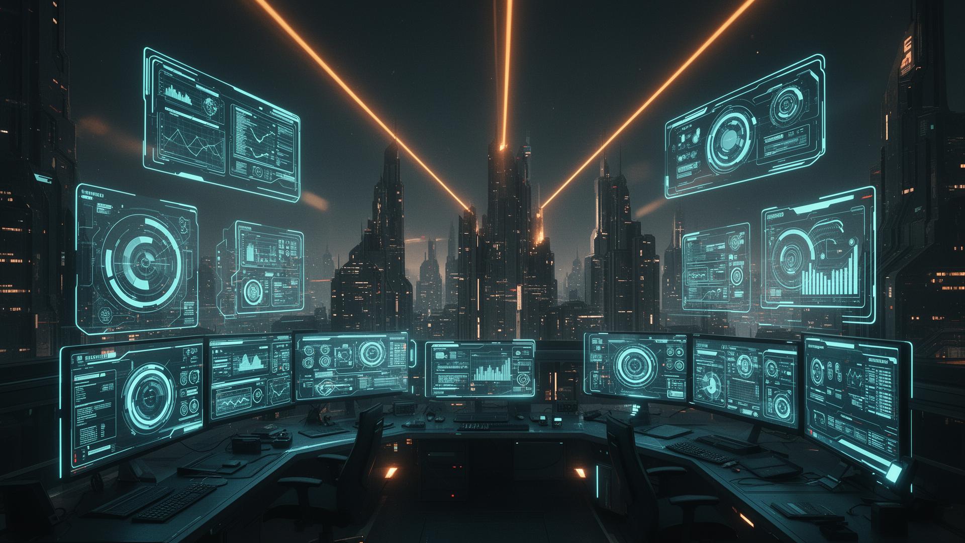 Futuristic operational city powered by synchronized dashboards and command systems