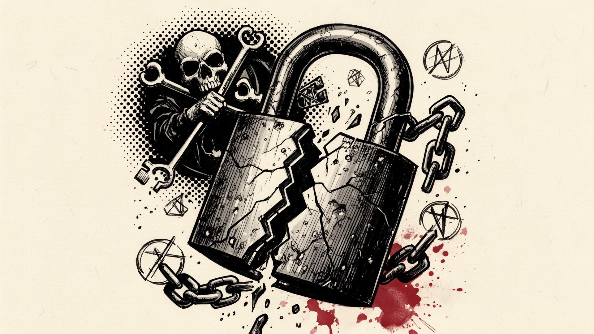 Neon comic shield with a cracked padlock on a dark background