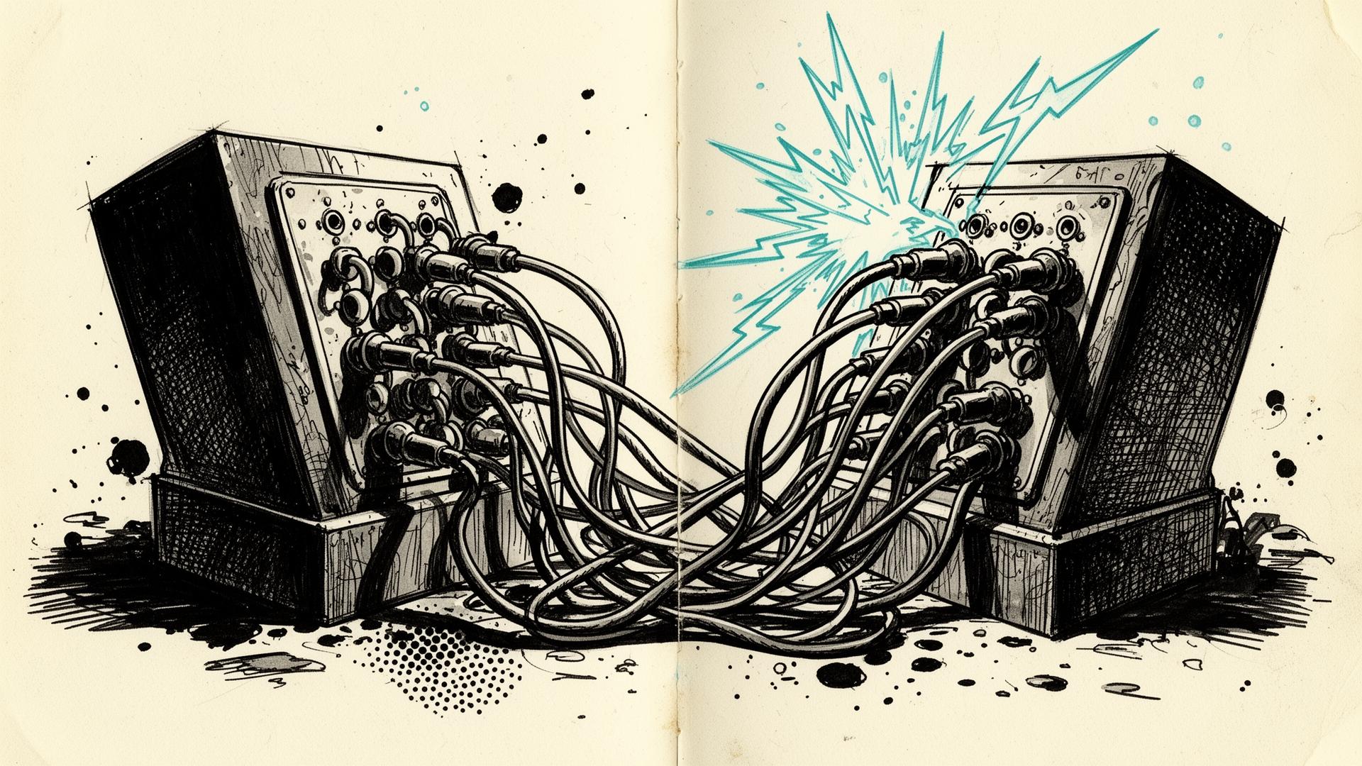 Neon comic-book illustration of glowing API endpoints connected by light beams